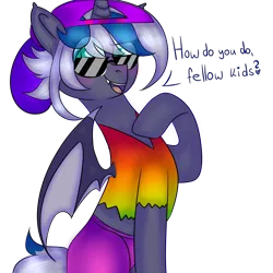 Size: 2500x2500 | Tagged: safe, artist:bublebee123, derpibooru import, oc, oc:elizabat stormfeather, unofficial characters only, alicorn, bat pony, bat pony alicorn, pony, 90's fashion, alicorn oc, april fools, april fools 2020, backwards ballcap, baseball cap, bat pony oc, bat wings, blushing, cap, clothes, fangs, female, hat, horn, how do you do fellow kids, mare, open mouth, pants, shirt, simple background, solo, sunglasses, t-shirt, transparent background, wings