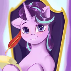 Size: 4096x4096 | Tagged: safe, artist:xxpaw2001xx, derpibooru import, starlight glimmer, pony, unicorn, absurd resolution, blushing, bust, cute, female, glimmerbetes, headmare starlight, looking at you, magic, mare, paper, quill, school of friendship, sitting, smiling, solo, telekinesis