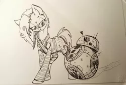 Size: 2048x1383 | Tagged: safe, artist:lucas_gaxiola, derpibooru import, oc, earth pony, pony, bb-8, clothes, crossover, duo, earth pony oc, female, heart, lineart, mare, signature, star wars, traditional art