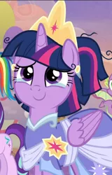 Size: 600x939 | Tagged: alicorn, clothes, coronation dress, cropped, crown, crying, cute, derpibooru import, dress, jewelry, messy mane, regalia, safe, screencap, second coronation dress, smiling, solo, tears of joy, the last problem, twiabetes, twilight sparkle, twilight sparkle (alicorn)