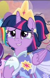 Size: 605x941 | Tagged: alicorn, clothes, coronation dress, cropped, crown, crying, cute, derpibooru import, dress, jewelry, messy mane, regalia, safe, screencap, second coronation dress, smiling, solo, tears of joy, teary eyes, the last problem, twiabetes, twilight sparkle, twilight sparkle (alicorn)