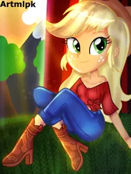 Size: 1536x2048 | Tagged: safe, artist:artmlpk, derpibooru import, applejack, equestria girls, adorable face, adorkable, alternate hairstyle, bare shoulders, beautiful, boots, clothes, cowboy boots, cowgirl style, crepuscular rays, cute, denim, dork, female, freckles, hat, jackabetes, jeans, light rays, looking at you, mountain, outfit, pants, shoes, sitting, smiling, solo, sun, tree
