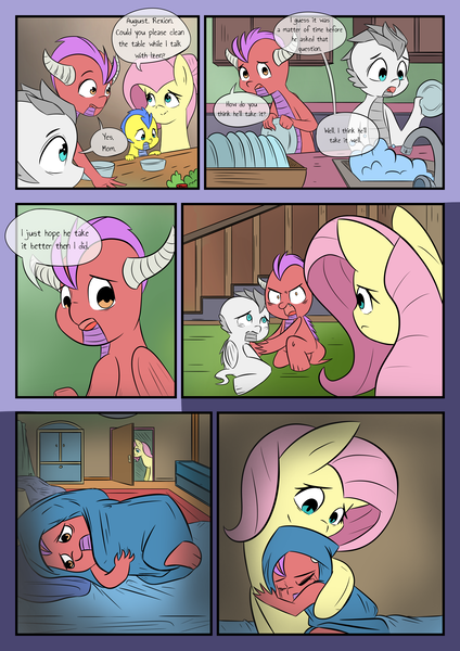 Size: 2893x4092 | Tagged: safe, artist:mustachedbain, derpibooru import, fluttershy, oc, oc:august, oc:izen, oc:rexion, dragon, pegasus, pony, comic:my dragon children, blanket, comic, dish