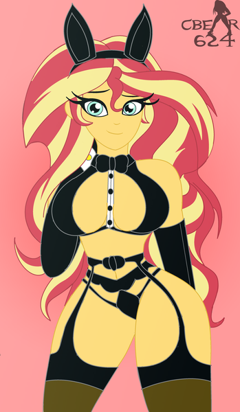 Size: 2618x4495 | Tagged: suggestive, artist:cbear624, derpibooru import, sunset shimmer, equestria girls, black bra, black panties, black underwear, breasts, bunny ears, bunny suit, busty sunset shimmer, clothes, lingerie, panties, ribbon, socks, stockings, thigh highs, underwear