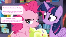 Size: 2000x1125 | Tagged: safe, derpibooru import, edit, edited screencap, screencap, pinkie pie, twilight sparkle, twilight sparkle (alicorn), alicorn, earth pony, pony, the last problem, boxes, caption, dishes, female, horn, image macro, implied cheese sandwich, innuendo, mare, party cave, present, shelf, speech bubble, text, vulgar, whispering, wings