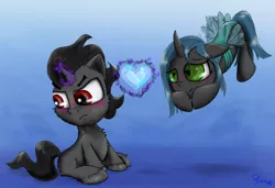 Size: 1280x877 | Tagged: safe, artist:chopsticks, derpibooru import, king sombra, queen chrysalis, pony, blushing, cheek fluff, chest fluff, chrysombra, colt, crystal heart, cute, cutealis, female, filly, flying, grumpy, hoof fluff, levitation, magic, male, shipping, sombradorable, straight, telekinesis, wingding eyes, younger