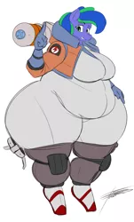 Size: 2185x3615 | Tagged: anthro, apex legends, artist:thespacepon3, breasts, chubby, clothes, colorist:threeareess, cosplay, costume, derpibooru import, fat, female, mare, oc, oc:felicity stars, pegasus, signature, simple background, solo, solo female, suggestive, thick, thighs, thunder thighs, unofficial characters only, wattson (apex legends), white background, wide hips