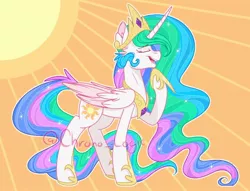 Size: 1588x1216 | Tagged: safe, artist:chrono_logic, derpibooru import, princess celestia, alicorn, pony, crepuscular rays, cute, cutelestia, ear fluff, eyes closed, female, mare, open mouth, orange background, profile, simple background, solo, sun