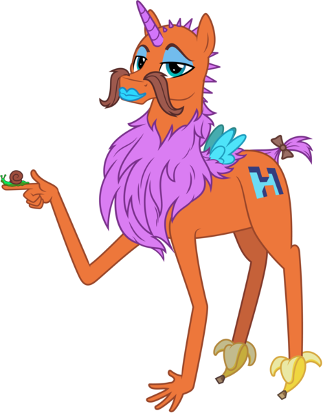 Size: 3001x3831 | Tagged: april fools, artist:pirill, banana, bow, cutie mark, derpibooru import, deviantart, eyeshadow, facial hair, food, horn, lips, lipstick, makeup, male, meta, moustache, oc, oc:hoofs, original species, saddle arabian, safe, seductive, show accurate, simple background, snail, solo, stallion, tail bow, transparent background, unofficial characters only, vector, wat, wings