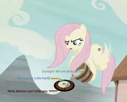 Size: 750x600 | Tagged: angry, bucket, cropped, derpibooru import, dialogue wheel, edit, edited screencap, equalized, fluttershy, implied starlight glimmer, mass effect, our town, safe, screencap, the cutie map, water
