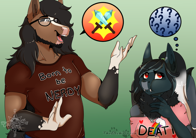 Size: 2150x1512 | Tagged: safe, artist:theecchiqueen, deleted from derpibooru, derpibooru import, oc, oc:pandie, oc:walter nutt, anthro, earth pony, pegasus, saddle arabian, anthro oc, clothes, death by coffee, digital art, female, male, mare, oc x oc, red eyes, shipping, shirt, slit eyes, smiling, stallion, straight, thought bubble
