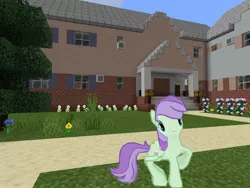 Size: 2048x1536 | Tagged: safe, artist:topsangtheman, derpibooru import, violet twirl, pegasus, pony, friendship student, gameloft, garden, house, looking at you, minecraft, photoshopped into minecraft, tall grass, tree