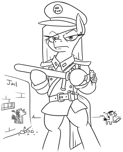 Size: 1055x1307 | Tagged: artist:jargon scott, derpibooru import, fun police, hat, jail, joke police, monochrome, nightstick, oc, oc:joke police mare, police officer, safe, saw, unofficial characters only