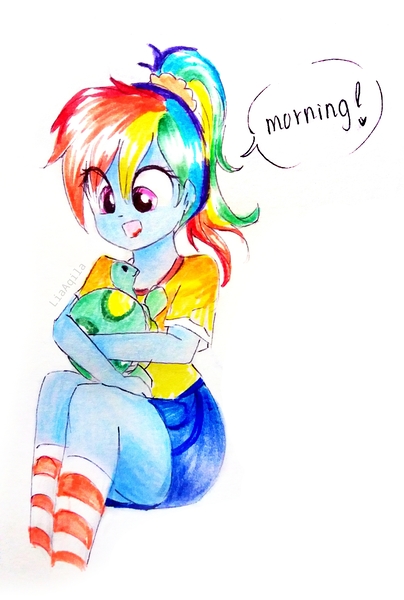 Size: 2322x3449 | Tagged: safe, artist:liaaqila, derpibooru import, rainbow dash, tank, tortoise, equestria girls, alternate hairstyle, clothes, cute, dashabetes, female, male, open mouth, ponytail, shirt, shorts, simple background, sitting, socks, striped socks, t-shirt, traditional art, white background