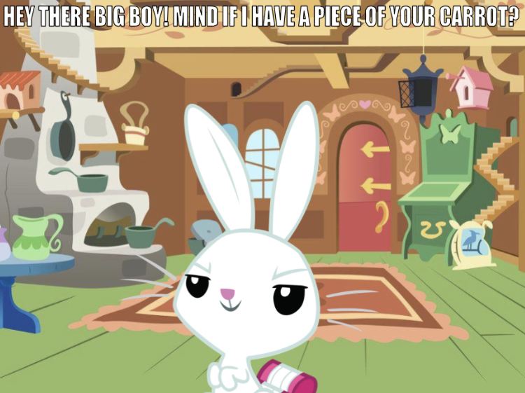 Size: 750x561 | Tagged: angel bunny, animal, bedroom eyes, bird house, caption, carpet, curled tail, derpibooru import, dirty talk, edit, editor:undeadponysoldier, fireplace, flour, fluttershy's cottage, image macro, implied blowjob, implied gay, implied oral, implied penis, implied sex, just for sidekicks, male, meme, naughty, rabbit, solo, suggestive, talking to viewer, text