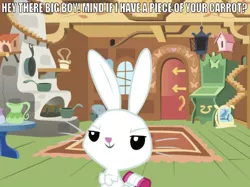 Size: 750x561 | Tagged: angel bunny, animal, bedroom eyes, bird house, caption, carpet, curled tail, derpibooru import, dirty talk, edit, editor:undeadponysoldier, fireplace, flour, fluttershy's cottage, image macro, implied blowjob, implied gay, implied oral, implied penis, implied sex, just for sidekicks, male, meme, naughty, rabbit, solo, suggestive, talking to viewer, text