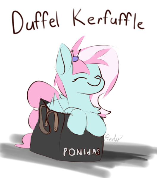 Size: 878x998 | Tagged: safe, artist:renderpoint, derpibooru import, kerfuffle, pegasus, pony, rainbow roadtrip, bag, behaving like a cat, chest fluff, cute, daaaaaaaaaaaw, duffle bag, eyes closed, fallout, fallout 76, female, fufflebetes, hnnng, if i fits i sits, leaning, mare, pony in a bag, pun, rhyme, signature, simple background, smiling, solo, weapons-grade cute, white background