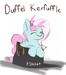 Size: 878x998 | Tagged: safe, artist:renderpoint, derpibooru import, kerfuffle, pegasus, pony, rainbow roadtrip, bag, behaving like a cat, chest fluff, cute, daaaaaaaaaaaw, duffle bag, eyes closed, fallout, fallout 76, female, fufflebetes, hnnng, if i fits i sits, leaning, mare, pony in a bag, pun, rhyme, signature, simple background, smiling, solo, weapons-grade cute, white background