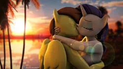 Size: 2880x1620 | Tagged: suggestive, artist:shadowboltsfm, derpibooru import, rarity, oc, oc:rory kenneigh, anthro, pegasus, plantigrade anthro, unicorn, 3d, adorasexy, arms around neck, boyfriend and girlfriend, canon x oc, couple, cute, eyes closed, eyeshadow, female, hug, kissing, lens flare, makeup, male, nail polish, palm tree, pond, sexy, source filmmaker, standing, straight, sunset, tree, wings
