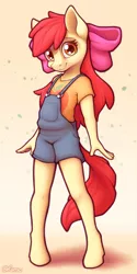 Size: 2000x4000 | Tagged: safe, artist:ohemo, derpibooru import, apple bloom, anthro, earth pony, unguligrade anthro, adorabloom, bow, clothes, cute, female, hair bow, high res, image, looking at you, overalls, png, shirt, smiling, solo, t-shirt