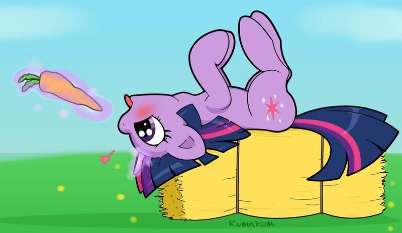 Size: 1280x742 | Tagged: safe, artist:kumakum, derpibooru import, twilight sparkle, pony, unicorn, blushing, carrot, female, food, hay bale, magic, mare, on back, solo, telekinesis, unicorn twilight