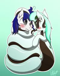 Size: 1600x2024 | Tagged: safe, artist:livehotsun, derpibooru import, oc, oc:hotsun, oc:wave mint choco, unofficial characters only, lamia, original species, pegasus, pony, blushing, coiling, coils, cute, ear fluff, fetish, monster mare, nervous, smiling, tongue out, wrapped up