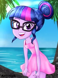Size: 1536x2048 | Tagged: safe, artist:artmlpk, derpibooru import, sci-twi, twilight sparkle, equestria girls, adorable face, adorkable, bare chest, bare shoulders, beach, beautiful, clothes, cute, digital art, dork, dress, fashion, female, glasses, hair bun, light rays, looking at you, open mouth, outfit, palm tree, pink dress, rock, scenery, smiley face, smiling, smiling at you, solo, tree, tropical, twiabetes, vacation, water
