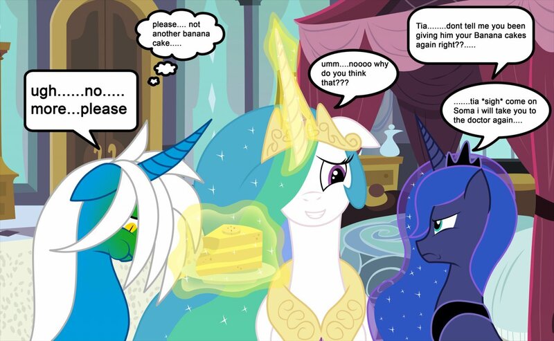 Size: 1280x789 | Tagged: safe, artist:somashield, derpibooru import, princess celestia, princess luna, oc, oc:soma, alicorn, pony, unicorn, banana cake, bed, cake, castle, collar, crown, digital art, female, food, glowing horn, horn, jewelry, luna is not amused, magic, male, mare, regalia, royal sisters, speech bubble, stallion, text, unamused, vomit