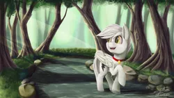Size: 3840x2160 | Tagged: safe, artist:ilicksunshine, derpibooru import, oc, oc:bolt the super pony, unofficial characters only, pegasus, pony, crepuscular rays, folded wings, forest, open mouth, smiling, solo, wings