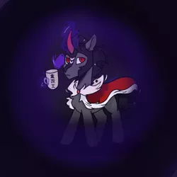 Size: 1080x1080 | Tagged: safe, artist:bbluna, derpibooru import, king sombra, unicorn, black background, chinese text, cup, simple background