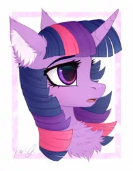 Size: 1280x1639 | Tagged: safe, artist:vird-gi, derpibooru import, twilight sparkle, pony, abstract background, bust, chest fluff, cute, ear fluff, female, fluffy, mare, open mouth, portrait, profile, solo, twiabetes