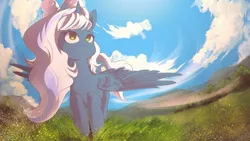 Size: 1024x576 | Tagged: safe, artist:sketchnightmare, derpibooru import, oc, oc:fleurbelle, alicorn, alicorn oc, bow, cloud, female, flying, grass, grass field, hair bow, horn, mare, sky, smiling, wings, yellow eyes