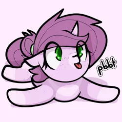 Size: 2316x2316 | Tagged: safe, artist:detpoot, derpibooru import, oc, oc:mulberry tart, unofficial characters only, unicorn, cute, female, filly, horn, pbbtt, prone, sploot, tongue out