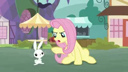 Size: 1920x1080 | Tagged: safe, derpibooru import, screencap, angel bunny, fluttershy, pony, rabbit, she talks to angel, animal, body swap, duo, female, male, mare, pointing, raised hoof, sitting