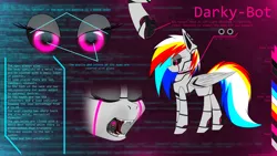 Size: 1920x1080 | Tagged: safe, artist:skanim-sdw, derpibooru import, oc, oc:darky-bot, unofficial characters only, pegasus, pony, robot, robot pony, black sclera, fangs, female, glowing eyes, led, multicolored hair, neon, open mouth, pink eyes, reference, reference sheet, underhoof