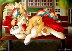 Size: 1600x1132 | Tagged: safe, artist:julunis14, derpibooru import, oc, oc:ember, oc:stroopwafeltje, unofficial characters only, earth pony, pony, unicorn, bench, biting, ear bite, female, hug, lying, male, mare, stallion