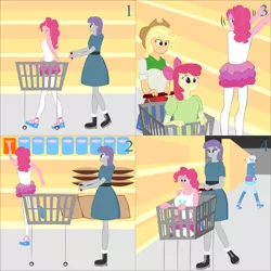 Size: 2000x2000 | Tagged: safe, artist:lzh, derpibooru import, apple bloom, applejack, maud pie, pinkie pie, trixie, equestria girls, comic, female, market, old master q, shopping, shopping cart