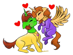 Size: 2225x1678 | Tagged: safe, artist:bellbell123, derpibooru import, oc, oc:aspen, oc:ryan, unofficial characters only, alicorn, unicorn, alicorn oc, anniversary, bodysuit, catsuit, chibi, couple, cute, female, heart, hippie, horn, jewelry, latex, latex suit, male, necklace, nuzzling, peace suit, peace symbol, romantic, rubber suit, simple background, straight, transparent background, unicorn oc, wings
