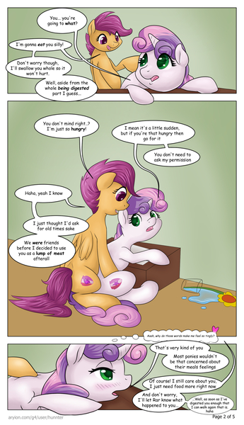 Size: 1067x1855 | Tagged: safe, artist:hunnter, derpibooru import, scootaloo, sweetie belle, pegasus, pony, unicorn, comic:scoots grabs a snack, blushing, comic, dialogue, female, fetish, filly, imminent vore, implied death, implied digestion, scootapred, vore, willing prey, willing vore