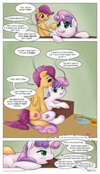 Size: 1067x1855 | Tagged: safe, artist:hunnter, derpibooru import, scootaloo, sweetie belle, pegasus, pony, unicorn, comic:scoots grabs a snack, blushing, comic, dialogue, female, fetish, filly, imminent vore, implied death, implied digestion, scootapred, vore, willing prey, willing vore