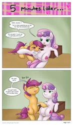Size: 1067x1829 | Tagged: suggestive, artist:hunnter, derpibooru import, scootaloo, sweetie belle, pegasus, pony, unicorn, comic:scoots grabs a snack, chewing, comic, dialogue, eating, female, filly, imminent vore