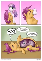 Size: 1067x1544 | Tagged: suggestive, artist:hunnter, derpibooru import, scootaloo, sweetie belle, pegasus, pony, unicorn, comic:scoots grabs a snack, belly, big belly, blushing, cannibalism, chewing, comic, drool, eating, female, fetish, filly, huge belly, imminent death, implied death, implied digestion, internal, licking, licking lips, scootapred, stomach acid, swallowing, sweetie belle is a marshmallow too, throat bulge, tongue out, vore, willing prey, willing vore, x-ray