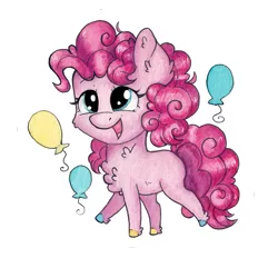 Size: 1535x1535 | Tagged: safe, artist:lightisanasshole, derpibooru import, pinkie pie, earth pony, pony, adorable face, balloon, chest fluff, chibi, colored hooves, curly mane, cute, ear fluff, leg fluff, neck fluff, open mouth, raised eyebrow, raised hoof, redesign, simple background, smiley face, solo, transparent background, wavy mane