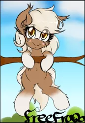 Size: 690x1000 | Tagged: safe, artist:freefraq, derpibooru import, earth pony, pony, belly button, blushing, bush, cloud, cute, ear fluff, epona, eponadorable, female, grin, hang in there, hanging, leg fluff, looking at you, sky, smiling, smiling at you, solo, the legend of zelda, tree, tree branch, yellow eyes