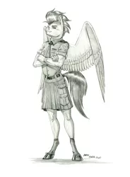 Size: 1000x1362 | Tagged: safe, artist:baron engel, derpibooru import, soarin', anthro, pegasus, unguligrade anthro, clothes, grayscale, kilt, monochrome, pencil drawing, simple background, solo, story included, traditional art, uniform, white background