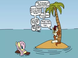 Size: 3000x2226 | Tagged: safe, artist:rainbowbacon, derpibooru import, autumn blaze, fluttershy, kirin, pony, autumn blaze's puppet, desert island, gary larson, ocean, palm tree, the far side, tree, ventriloquism