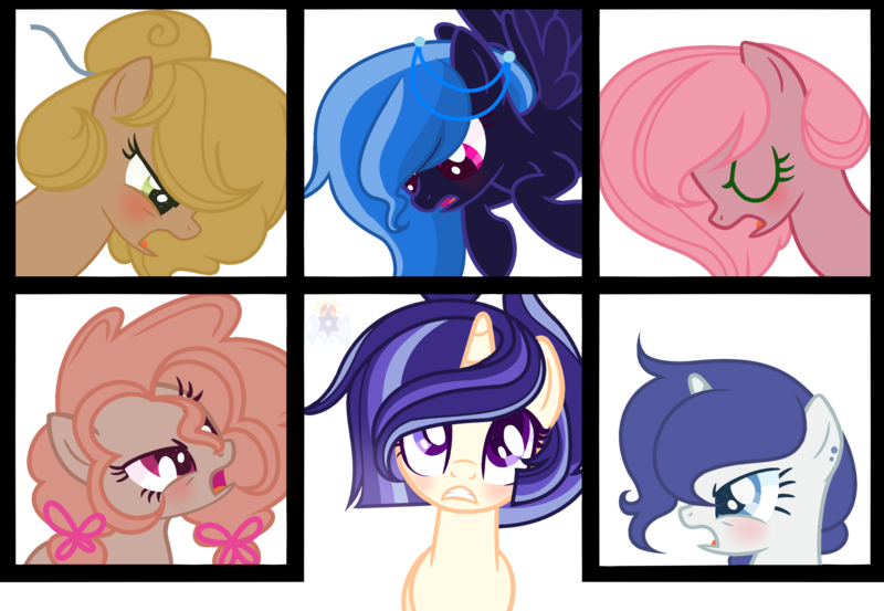 Size: 2945x2036 | Tagged: safe, artist:manella-art, derpibooru import, oc, oc:apple blossom, oc:cherry pie, oc:flying feather, oc:paris, oc:peach cream, oc:skyglow sentry, unofficial characters only, earth pony, pegasus, pony, unicorn, base used, bust, next generation, offspring, parent:applejack, parent:big macintosh, parent:caramel, parent:cheese sandwich, parent:fancypants, parent:flash sentry, parent:fluttershy, parent:pinkie pie, parent:rainbow dash, parent:rarity, parent:soarin', parent:twilight sparkle, parents:carajack, parents:cheesepie, parents:flashlight, parents:fluttermac, parents:raripants, parents:soarindash, squares