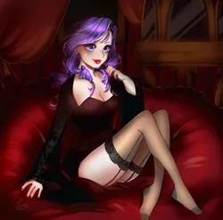 Size: 2470x2442 | Tagged: artist:loxy, beautiful, blushing, breasts, cleavage, clothes, derpibooru import, human, humanized, legs, lingerarity, lingerie, lipstick, moulin rouge, negligee, nightgown, rarity, sexy, sitting, socks, solo, stocking feet, stockings, straps, stupid sexy rarity, suggestive, thigh highs, thighs