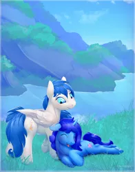 Size: 3300x4200 | Tagged: safe, artist:viwrastupr, derpibooru import, oc, oc:delly, oc:graceful motion, unofficial characters only, pegasus, pony, unicorn, blushing, cute, date, happy, mountain, nature, outdoors, scenery, water