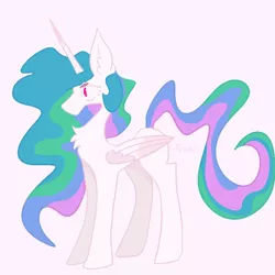 Size: 900x900 | Tagged: safe, artist:junko, derpibooru import, princess celestia, alicorn, pony, big ears, chest fluff, closed wing, digital art, ear fluff, eye shimmer, female, flowing mane, full body, horn, large wings, long horn, looking offscreen, mare, no armor, no mouth, paint tool sai, profile, sai, simple background, solo, wavy mane, wings
